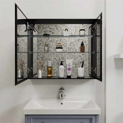 Rectangular Dimmable LED Lighted Medicine Cabinet with Mirror, Adjust Glass Shelves