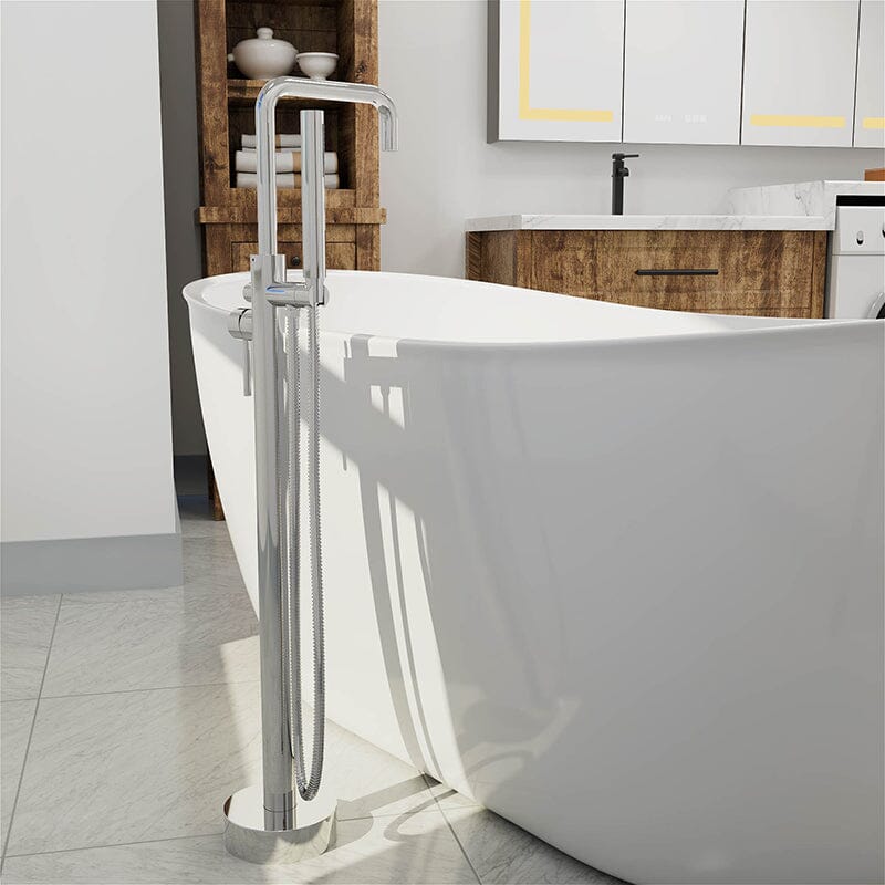 Freestanding Tub Filler Floor Mount Chrome Bathtub Faucet with Handheld Shower