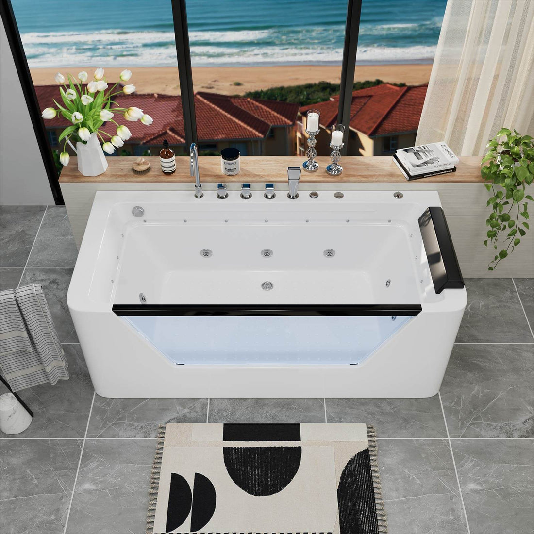 67" Whirlpool Bathtub with 7 Jets, Glass Panel Jetted Tub, Hydro Massage &amp; LED Lights
