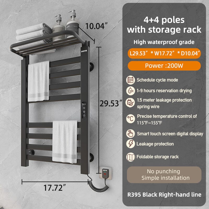 Bathroom Wall Mounted Flat 8 Bar Smart Heated Towel Rack with Top Shelf