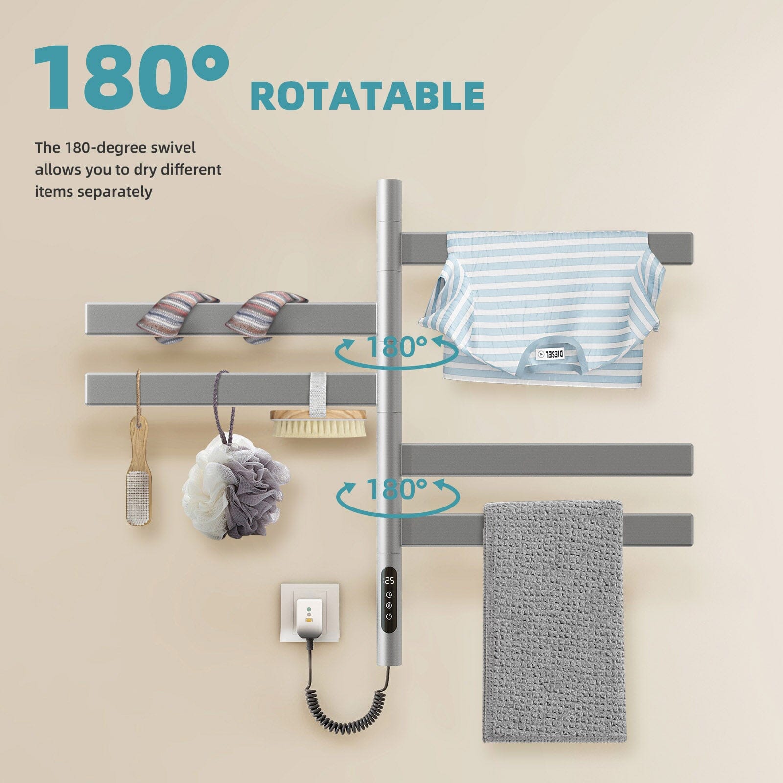 Heated Towel Racks for Bathroom, 180° Rotating Wall Mounted Towel Warmer with Flat 5 Bar