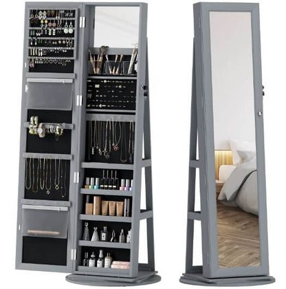 Lockable 360° Gray Swivel Full-Length Jewelry Cabinet Mirror with Storage Shelves