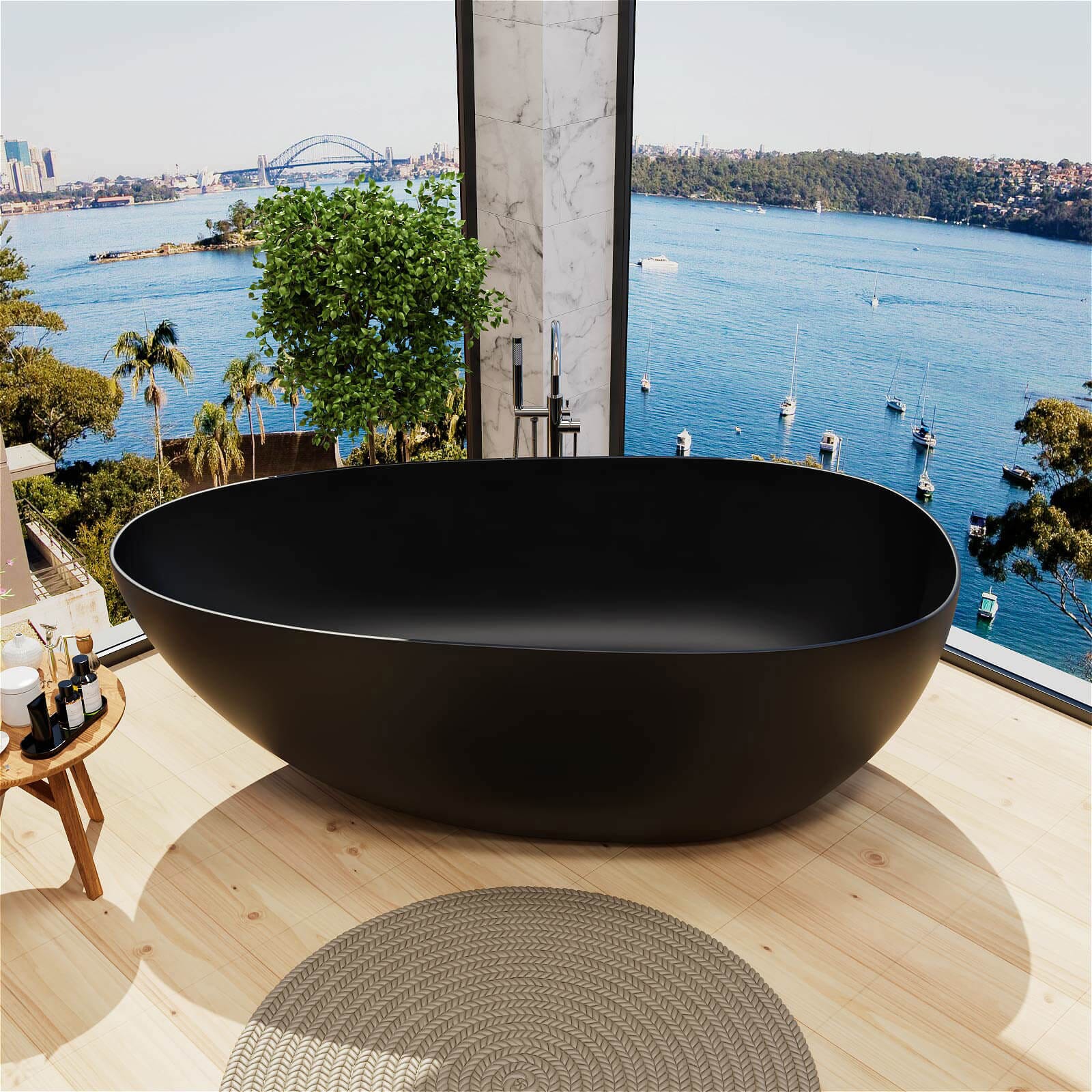 59&quot;/67&quot; Black Bathtub Egg Shaped Solid Surface freestanding Soaking Tub