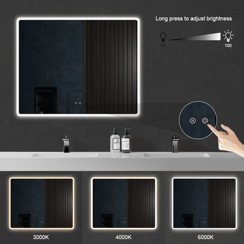 LED Light Bathroom Vanity Rounded Rectangle Mirror Frameless Anti Fog