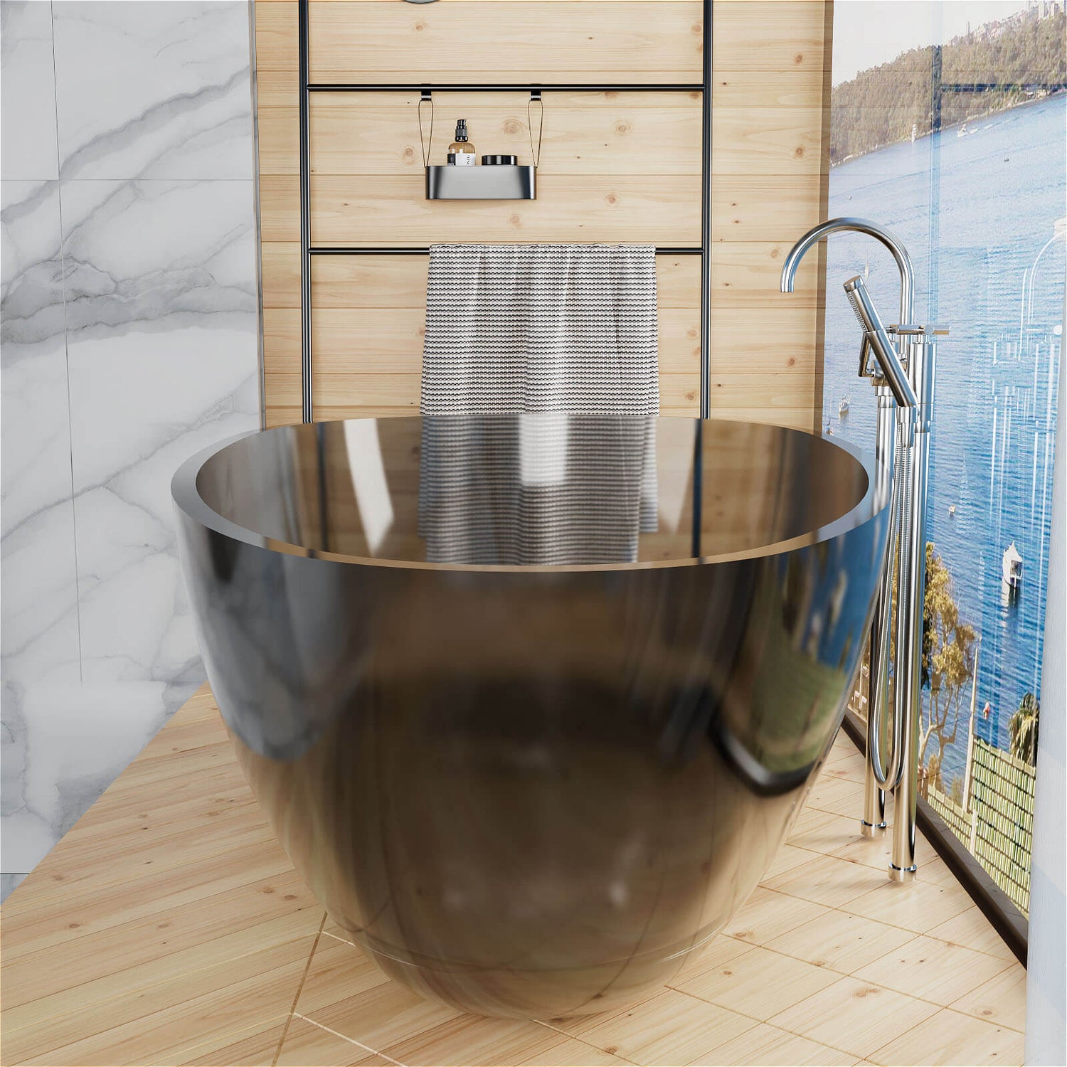 71&quot; Modern Art Resin Tub, Gray Transparent Egg Shape Freestanding Soaking Bathtub for Hotels