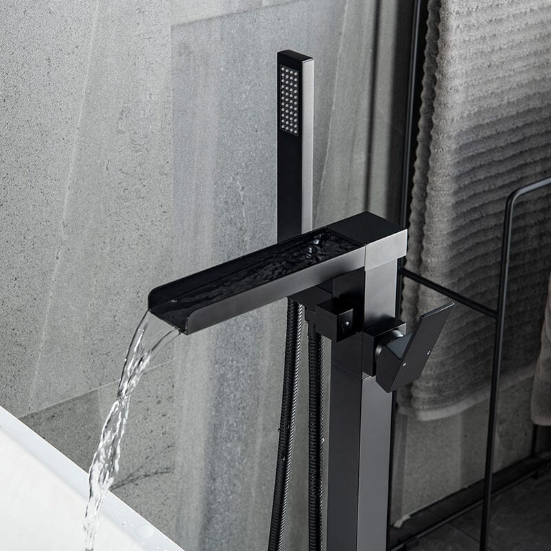 Waterfall Freestanding Bathtub Faucet Floor Mount Tub Filler with Hand Shower