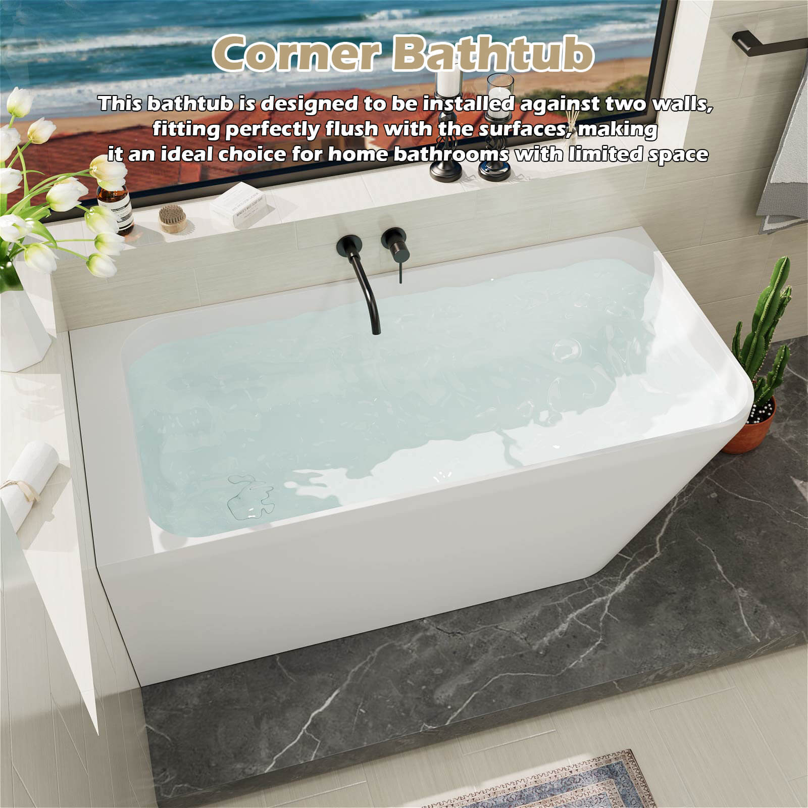 59" Corner Solid Surface Bathtub Two Sided Wall Fit