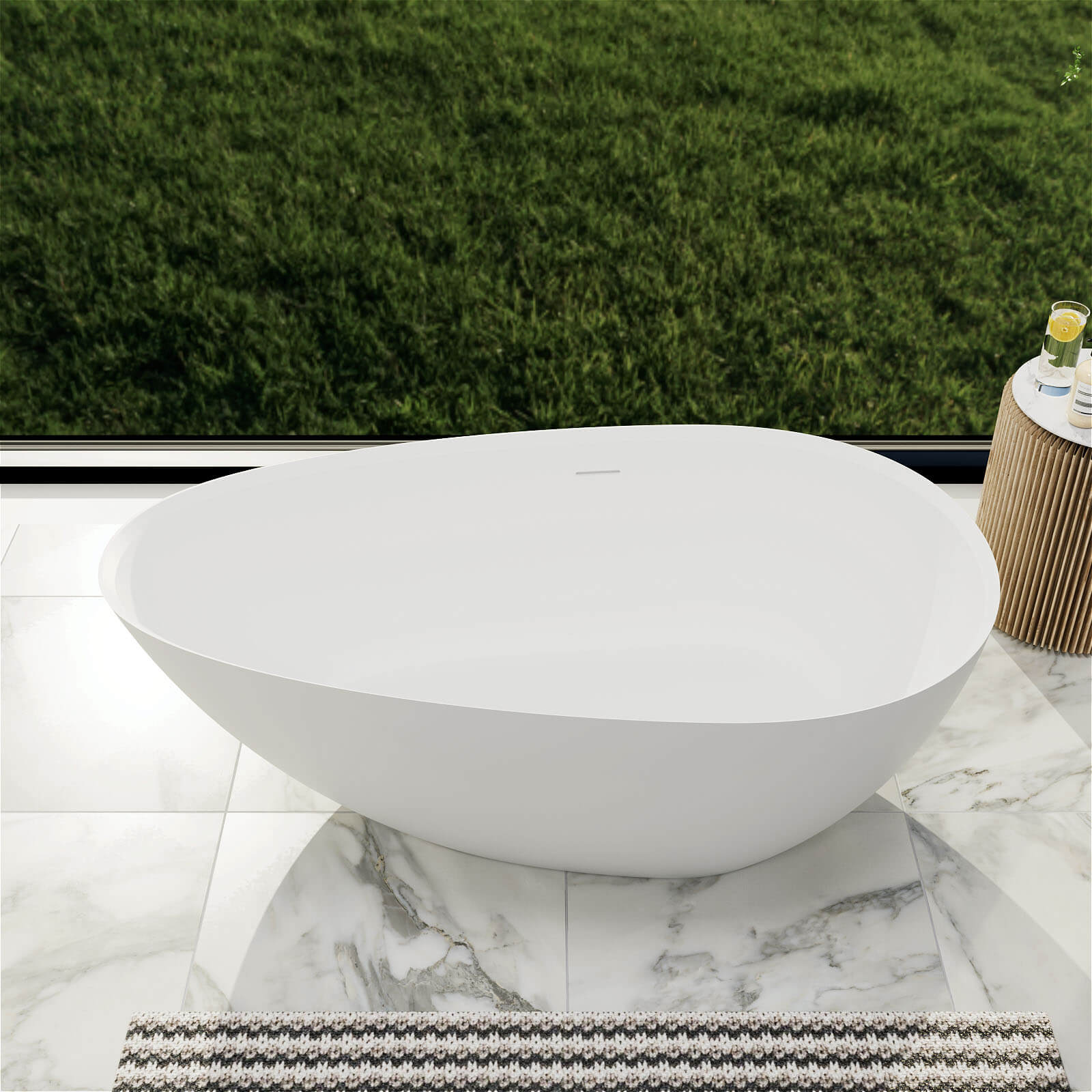 Matte White 55&quot; Small Egg-Shaped Freestanding Soaking Tub, Stone Resin Material, Sleek Design