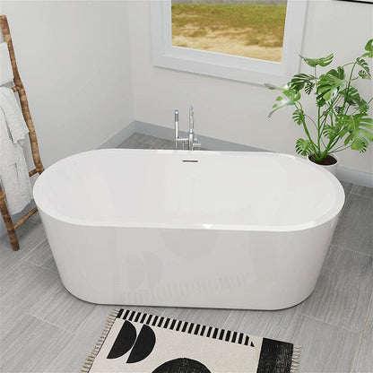 65&quot; Acrylic Oval Flatbottom Freestanding Soaking Bathtub in Glossy White