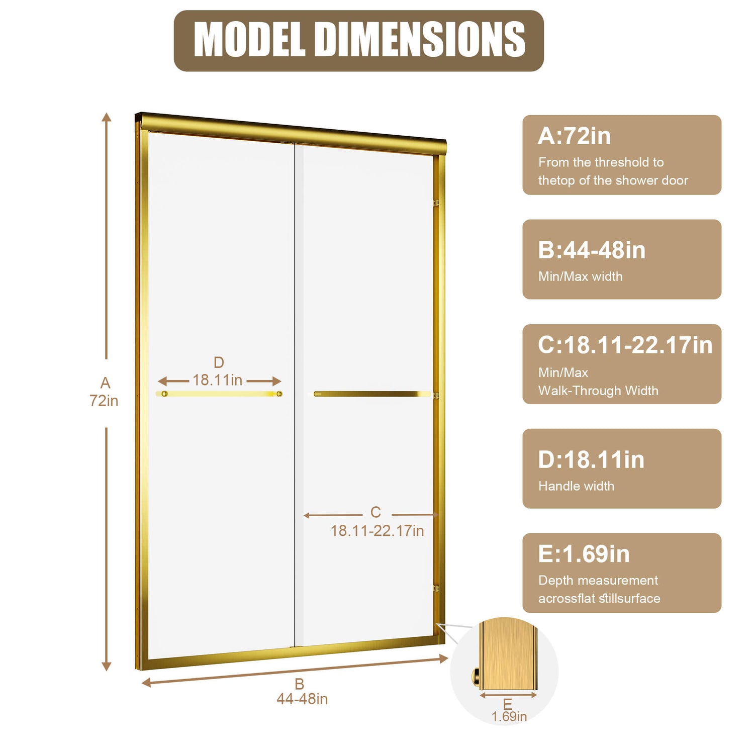 44"-48" x 72" Gebürstete goldgerahmte doppelte Schiebeduschtür