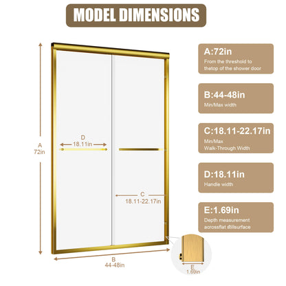44"-48" x 72" Gebürstete goldgerahmte doppelte Schiebeduschtür