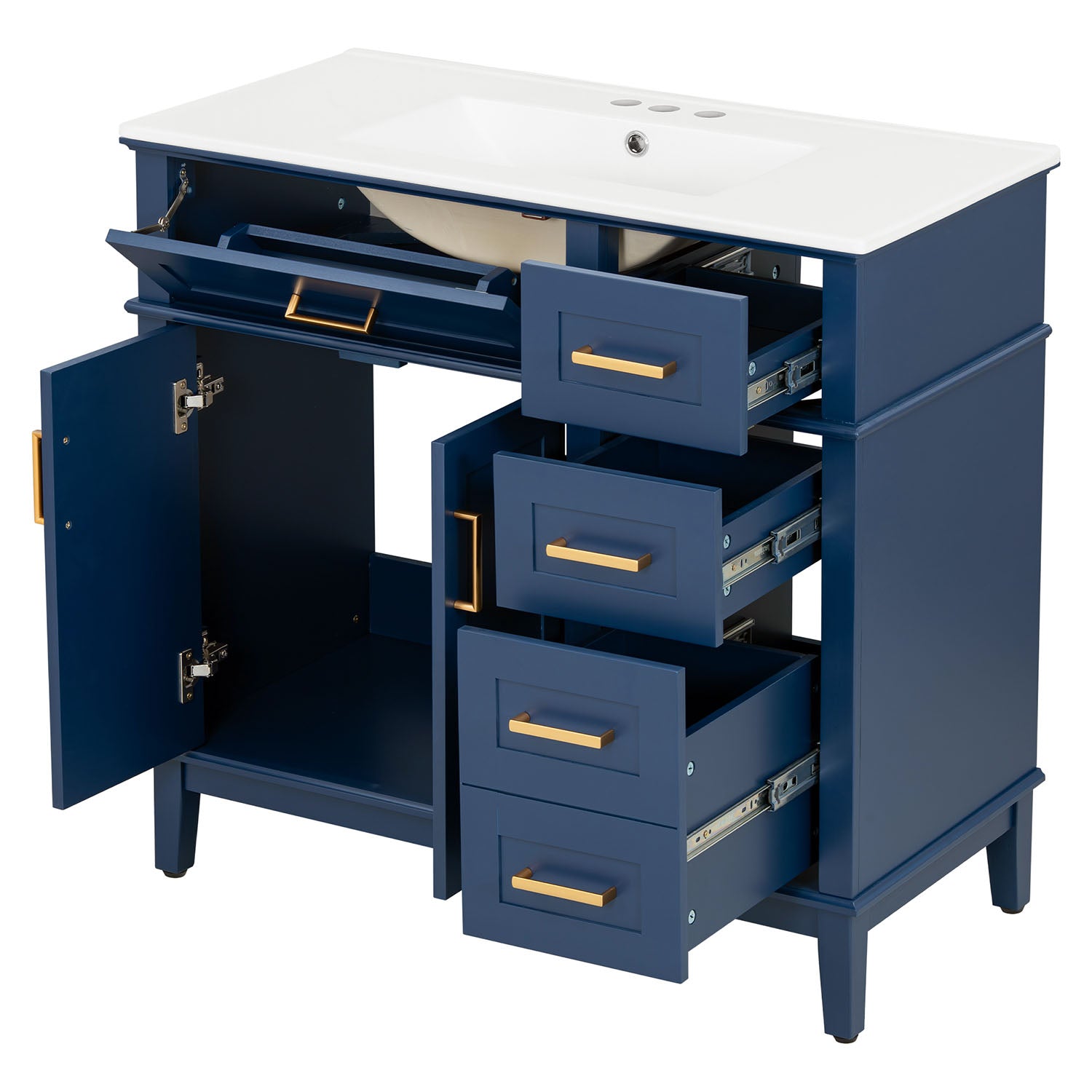 91 cm Marineblau Massivholz-Badezimmerwaschtisch mit Keramikspülbecken