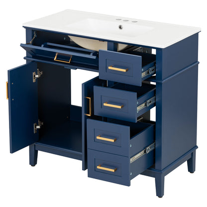 91 cm Marineblau Massivholz-Badezimmerwaschtisch mit Keramikspülbecken