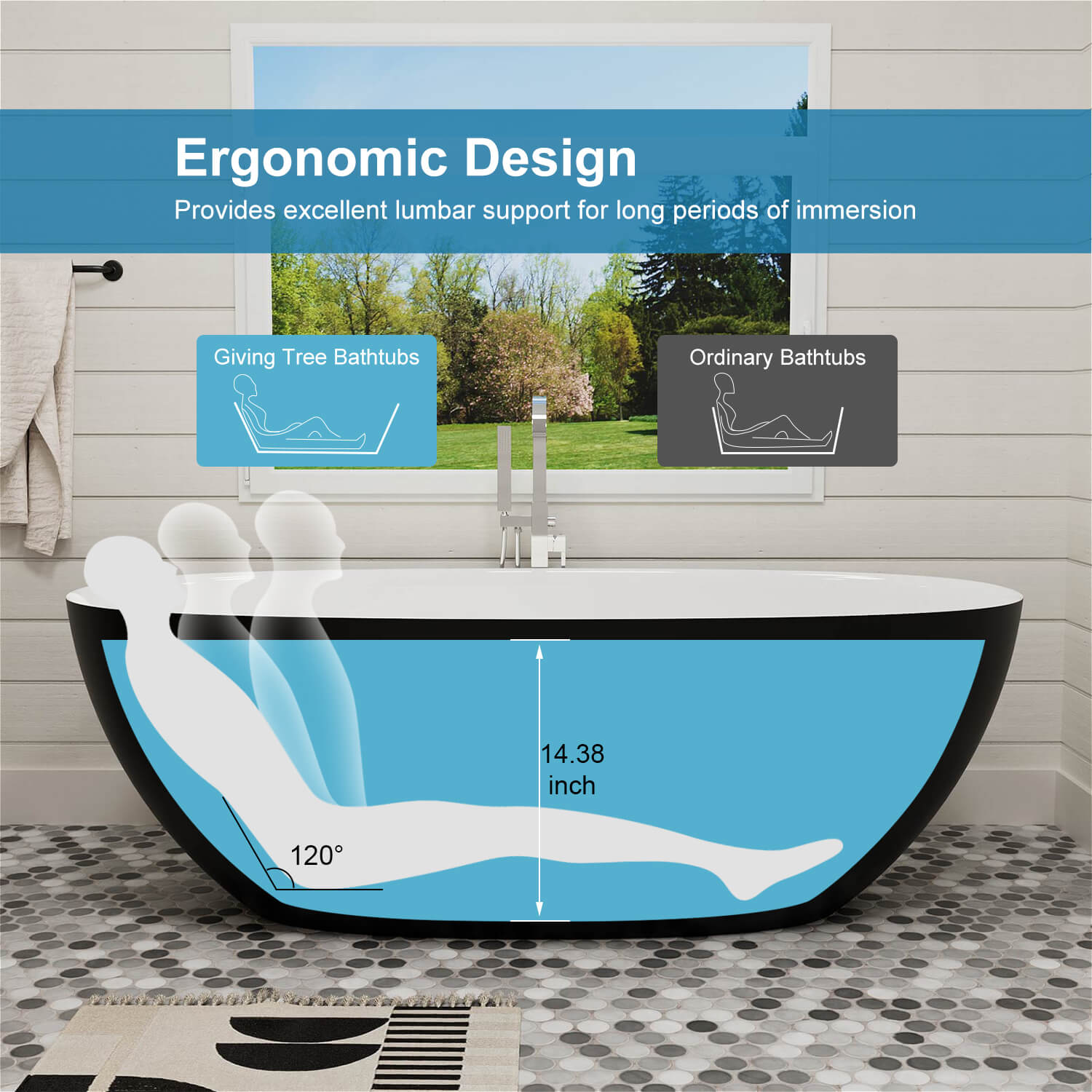 Description of the tilt angle of a modern oval free-standing bathtub in white inside and black outside
