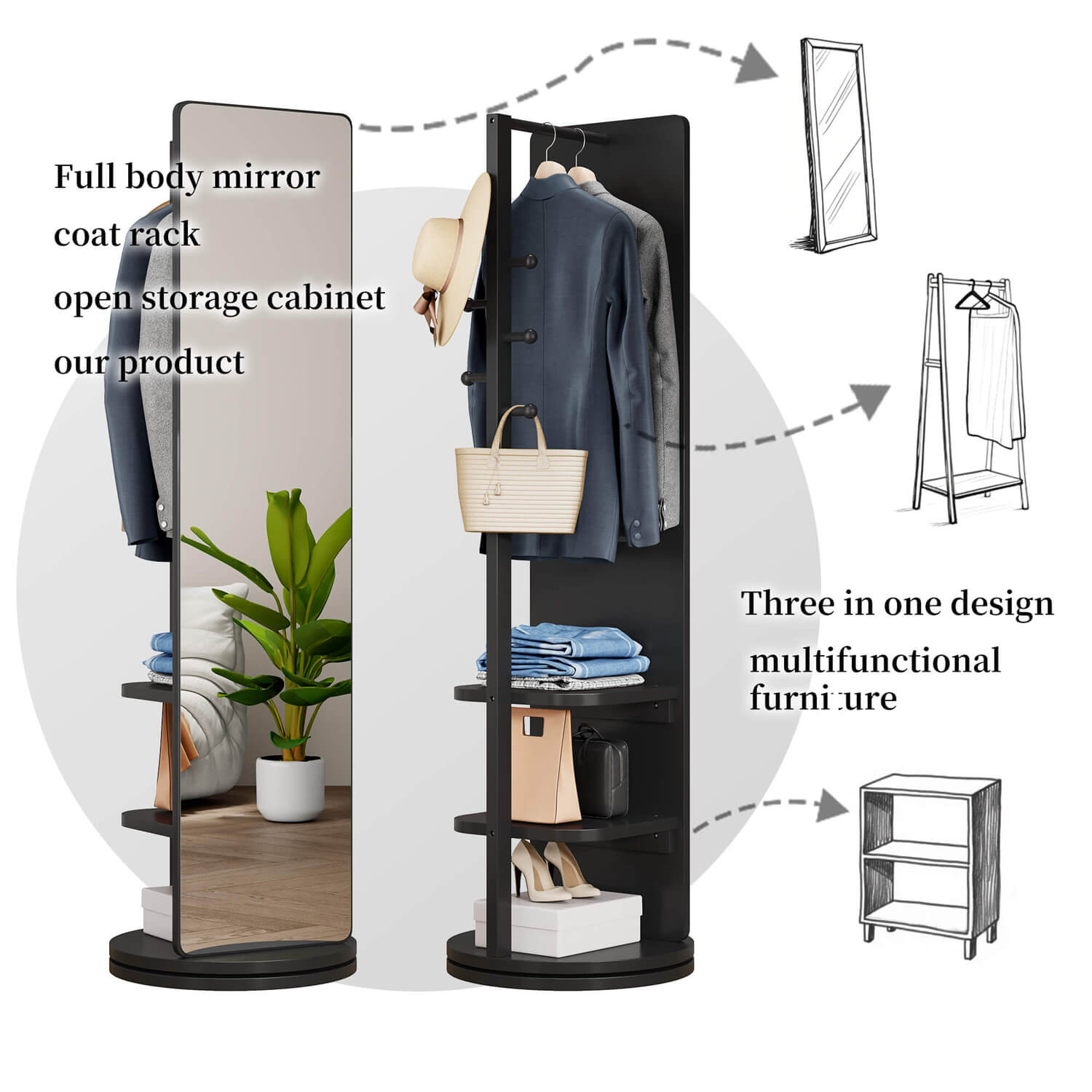 3-in-1 black rotating mirror converts to coat rack and open storage cabinet