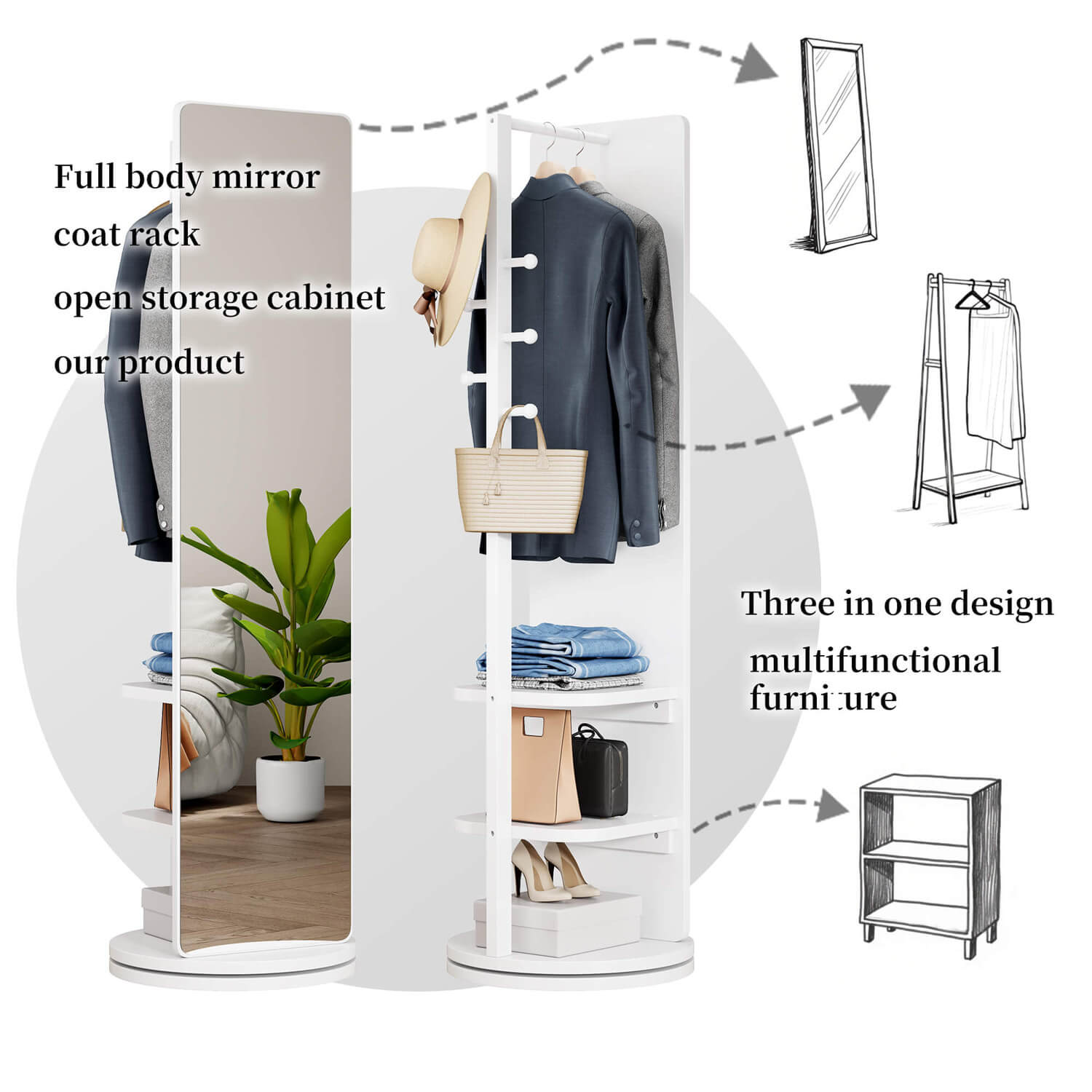 3-in-1 rotating mirror converts to coat rack and open storage cabinet