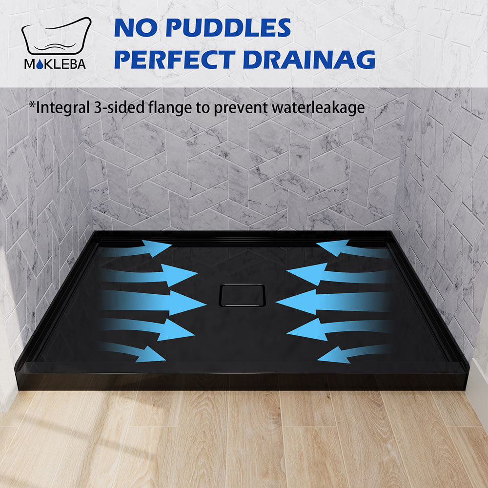3-sided moisture barrier flange on 48x36 center drain black shower pan