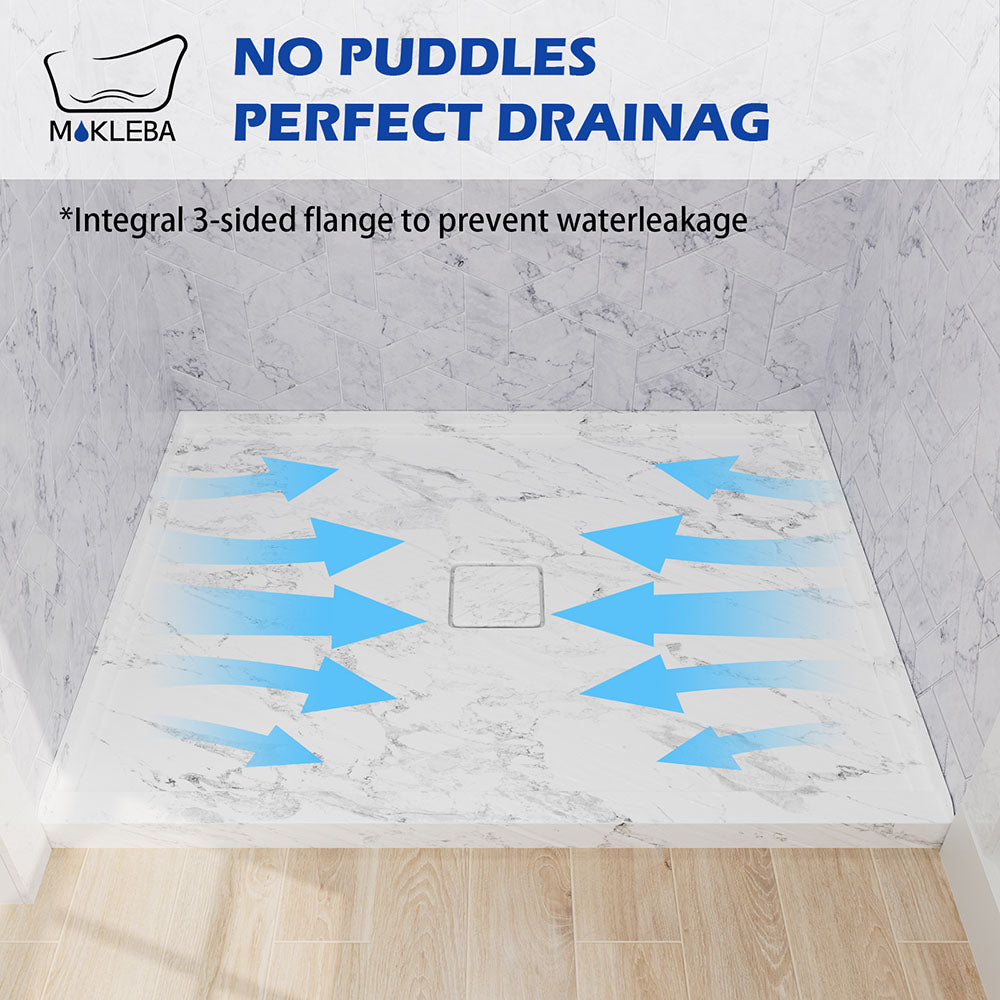 3-wall alcove enclosure fitted with  marble-pattern durable acrylic shower base
