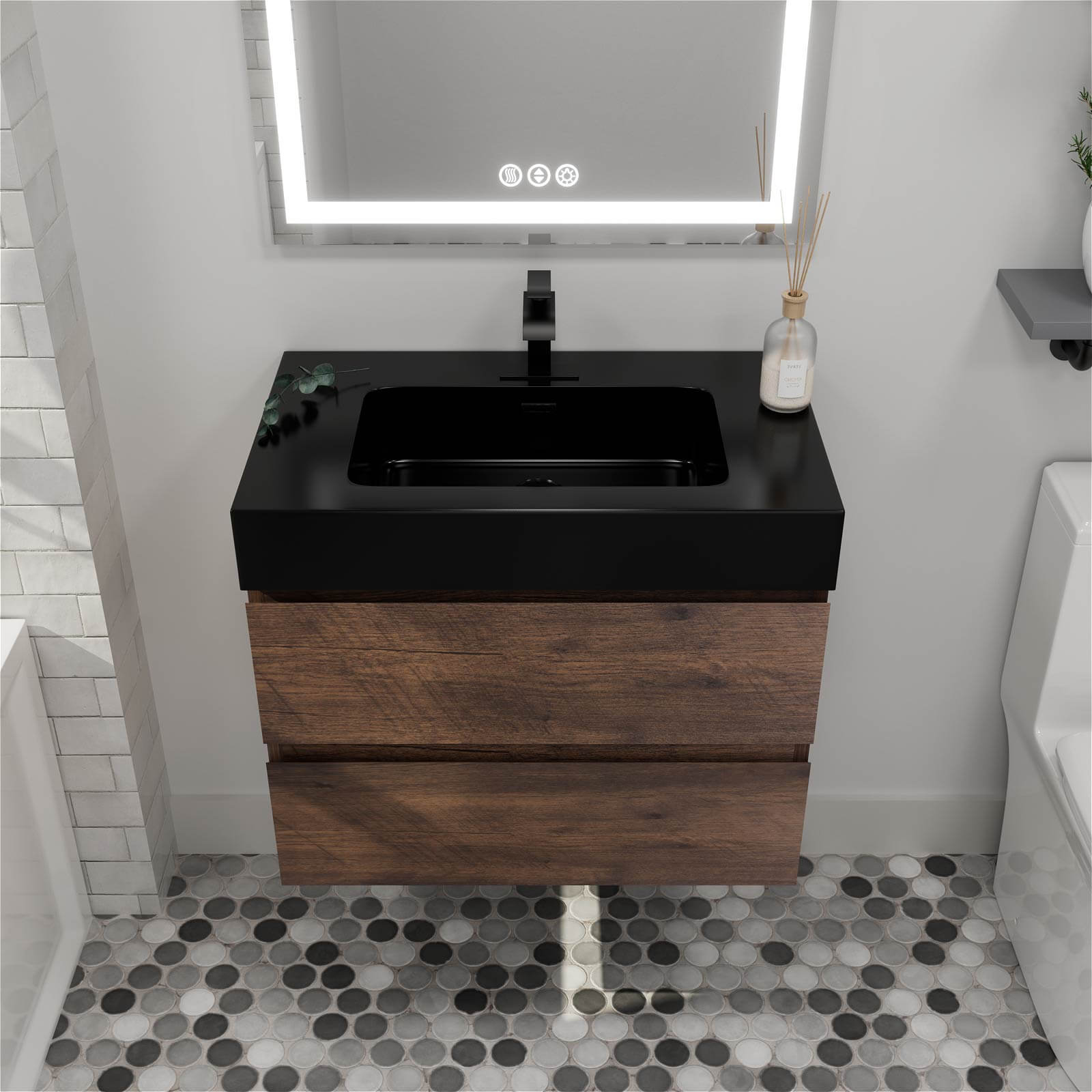 30 Inch Walnut Floating Bathroom Vanity with Natural Wood Grain