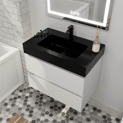 30 Inch White Floating Bathroom Vanity with Black Countertop