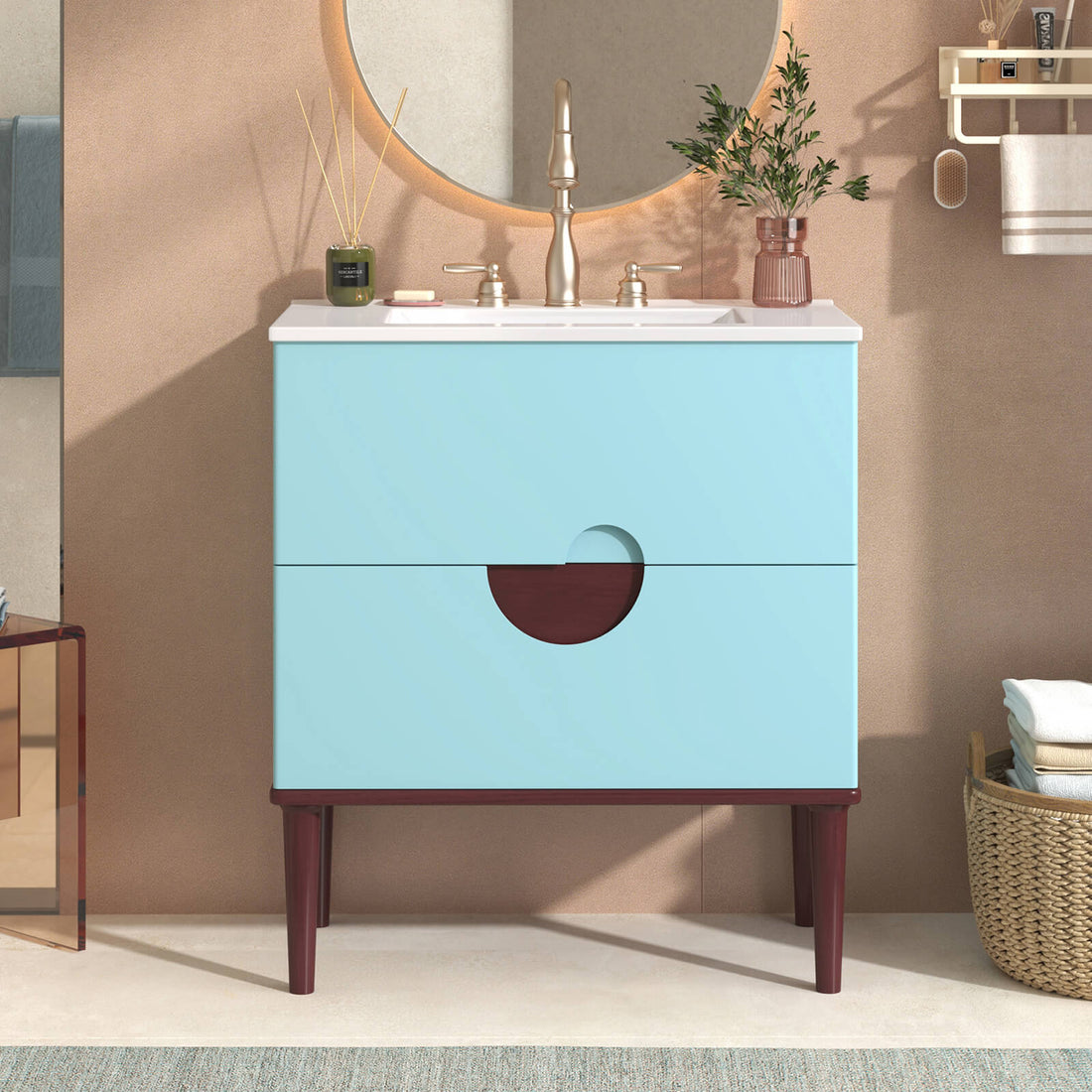 30 in Vermilion Red and Sky Blue Bathroom Vanity