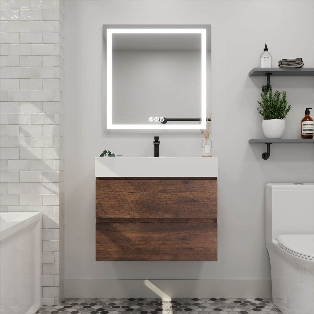 30" Walnut Wall-Mounted Bathroom Vanity Unit