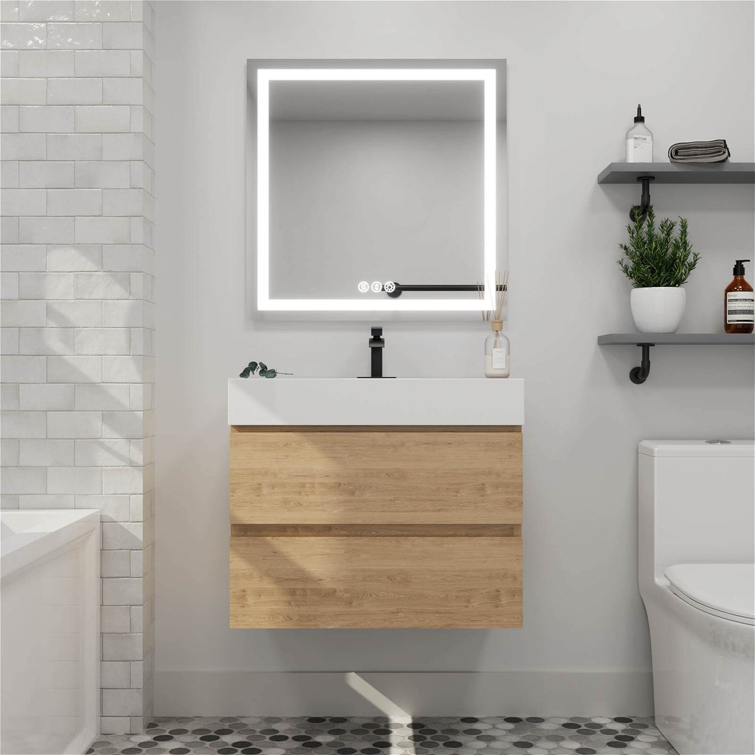 30 in White Oak Wall Mounted Bathroom Vanity Unit