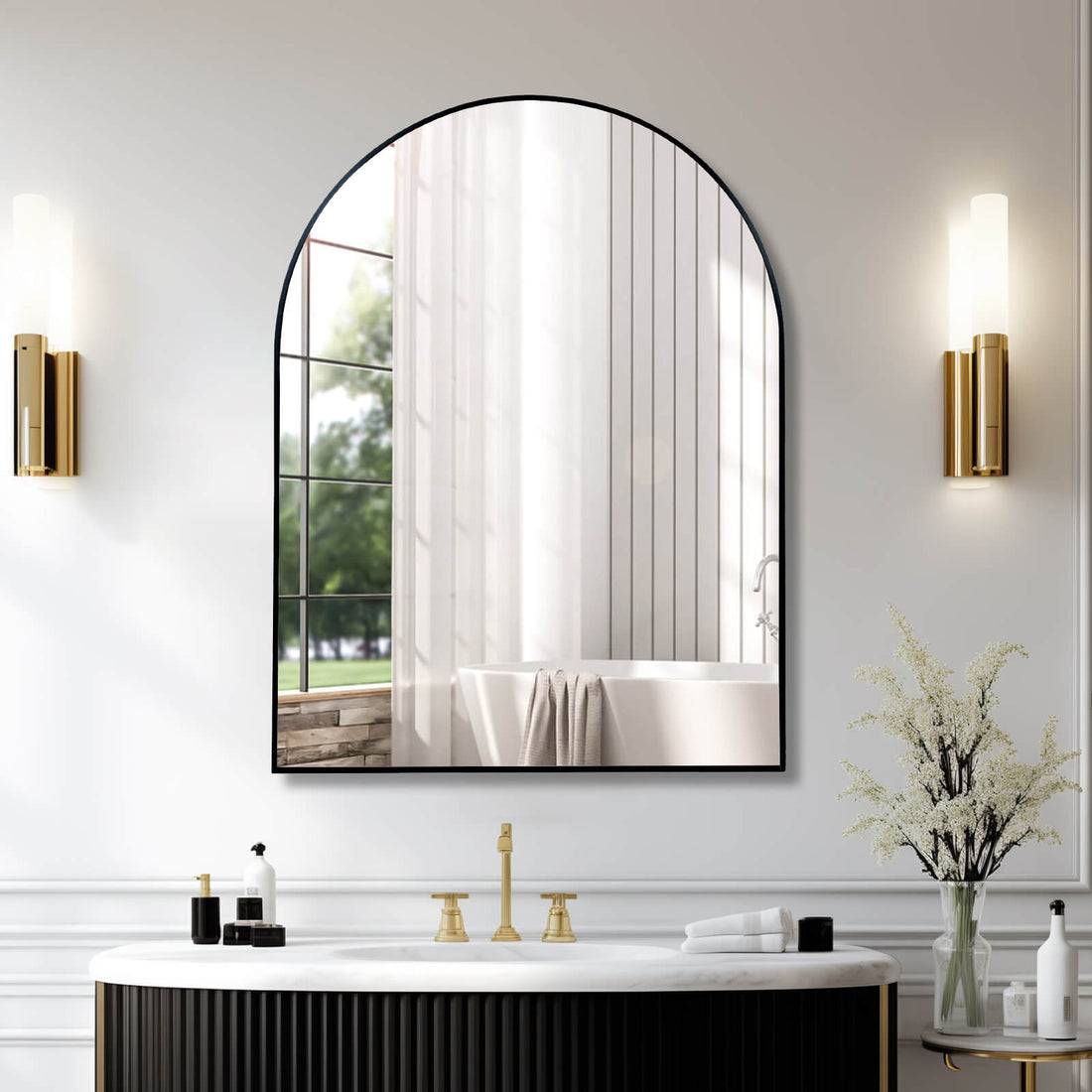30 in x 40 in Arched Mirror with Black Metal Frame