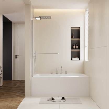 30 in x 58 in Brushed Nickel Bathtub Pivot Shower Door