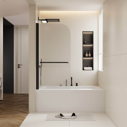 30 in x 58 in Matte Black Bathtub Pivot Shower Door