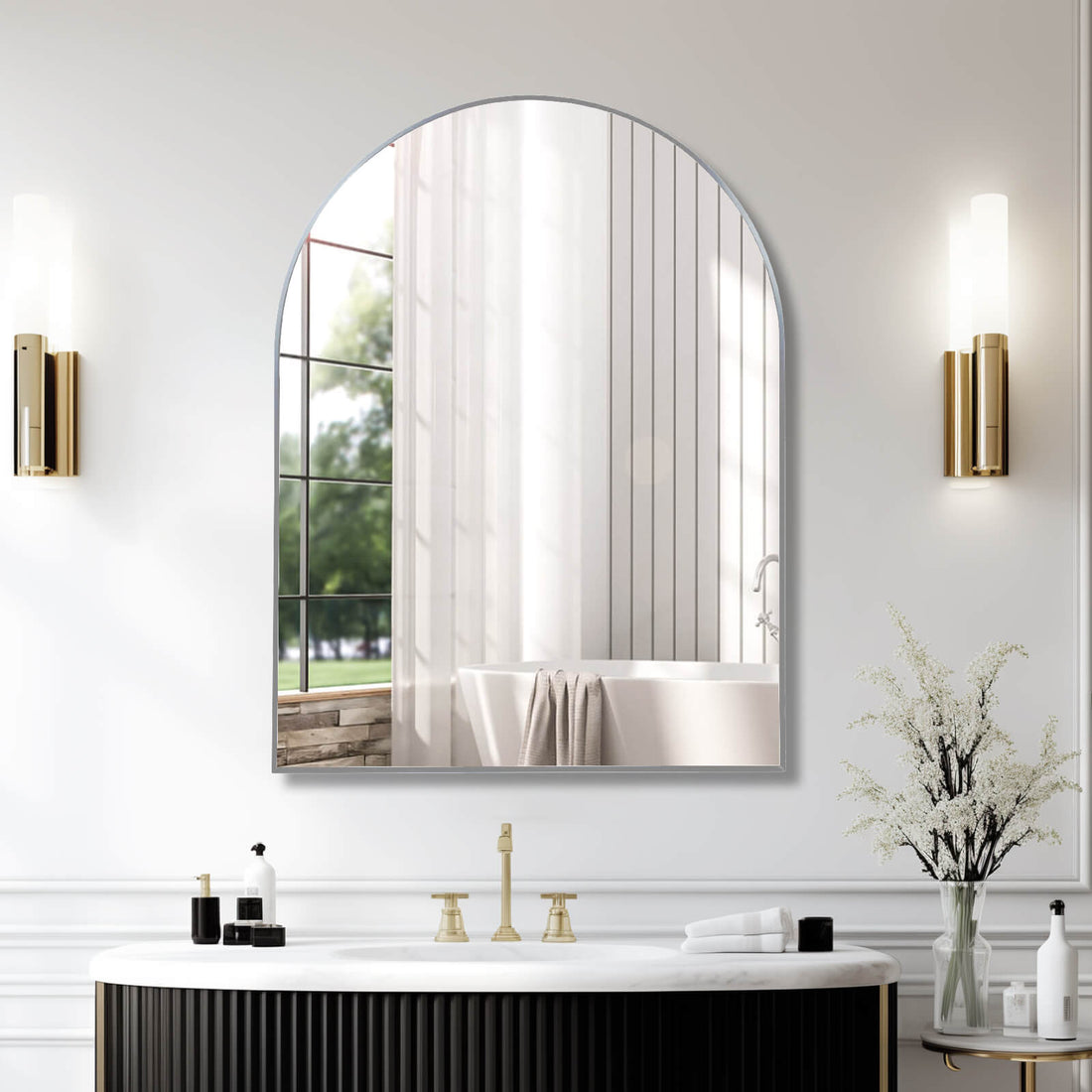 30 in x40 in Arched Mirror with Silver Metal Frame