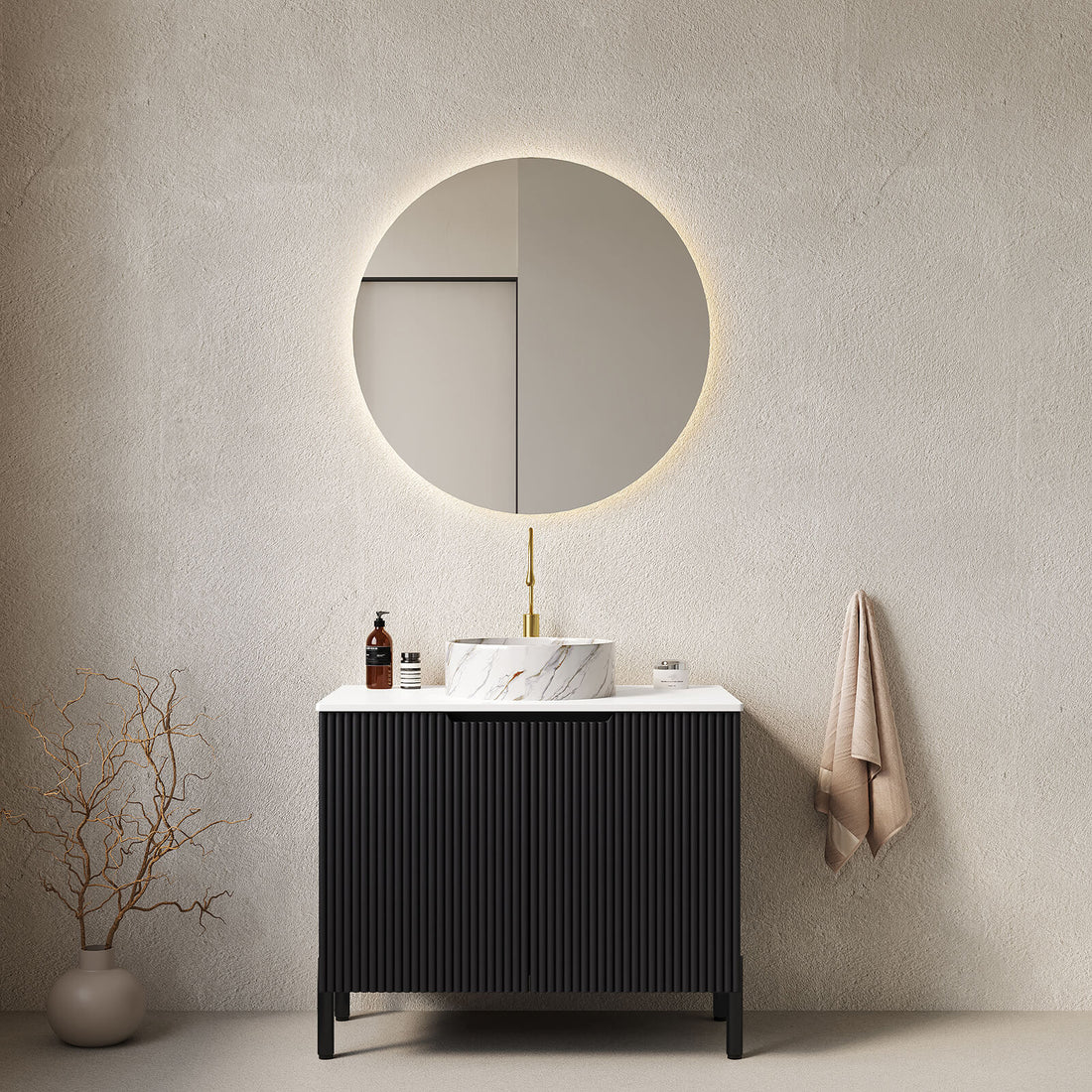 30 inch Black Freestanding Vanity with Stone Patterned Vessel Sink