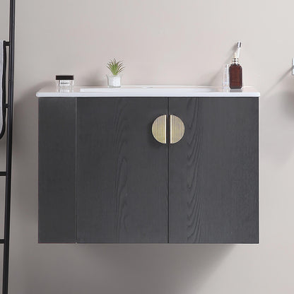 30 inch Black Wall Mounted Bathroom Vanity with Open Side Shelf