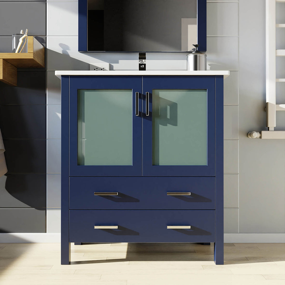 30 inch Blue Bathroom Vanity with Bottom Drawer and Glass Doors