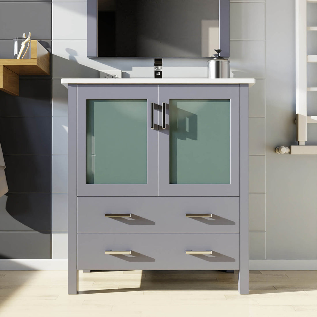 30 inch Gray Bathroom Vanity with Bottom Drawer and Glass Doors