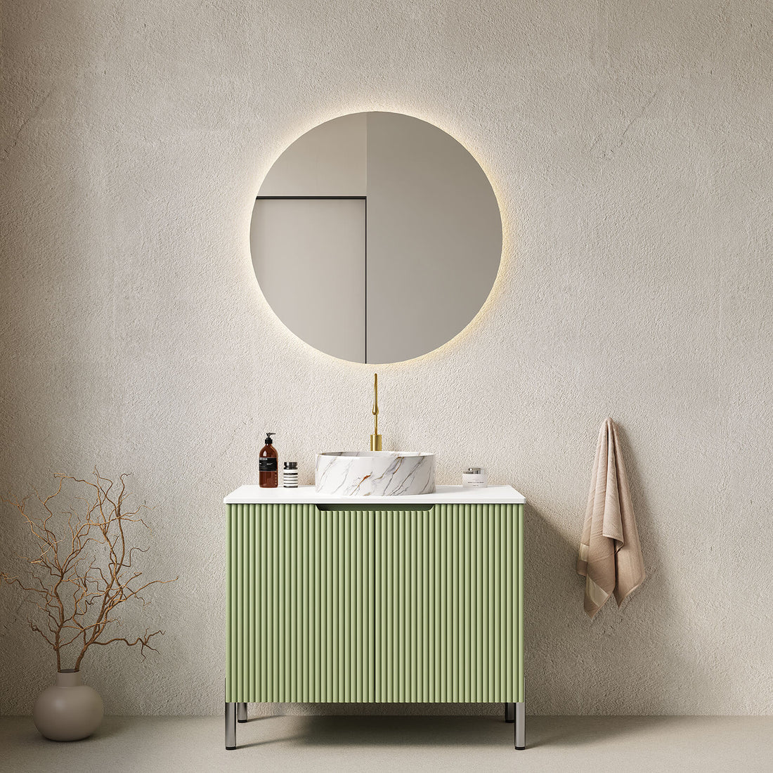 30 inch Green Freestanding Vanity with Stone Patterned Vessel Sink