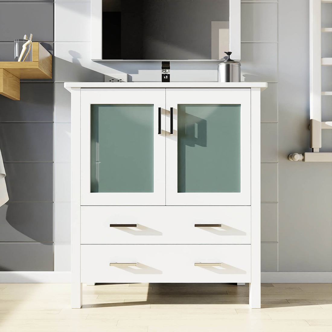 30 inch White Bathroom Vanity with Bottom Drawer and Glass Doors