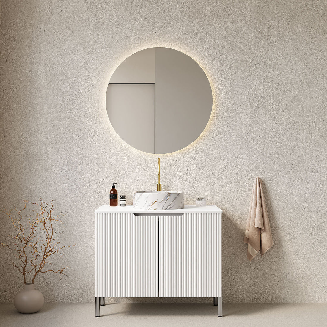 30 inch White Freestanding Vanity with Stone Patterned Vessel Sink