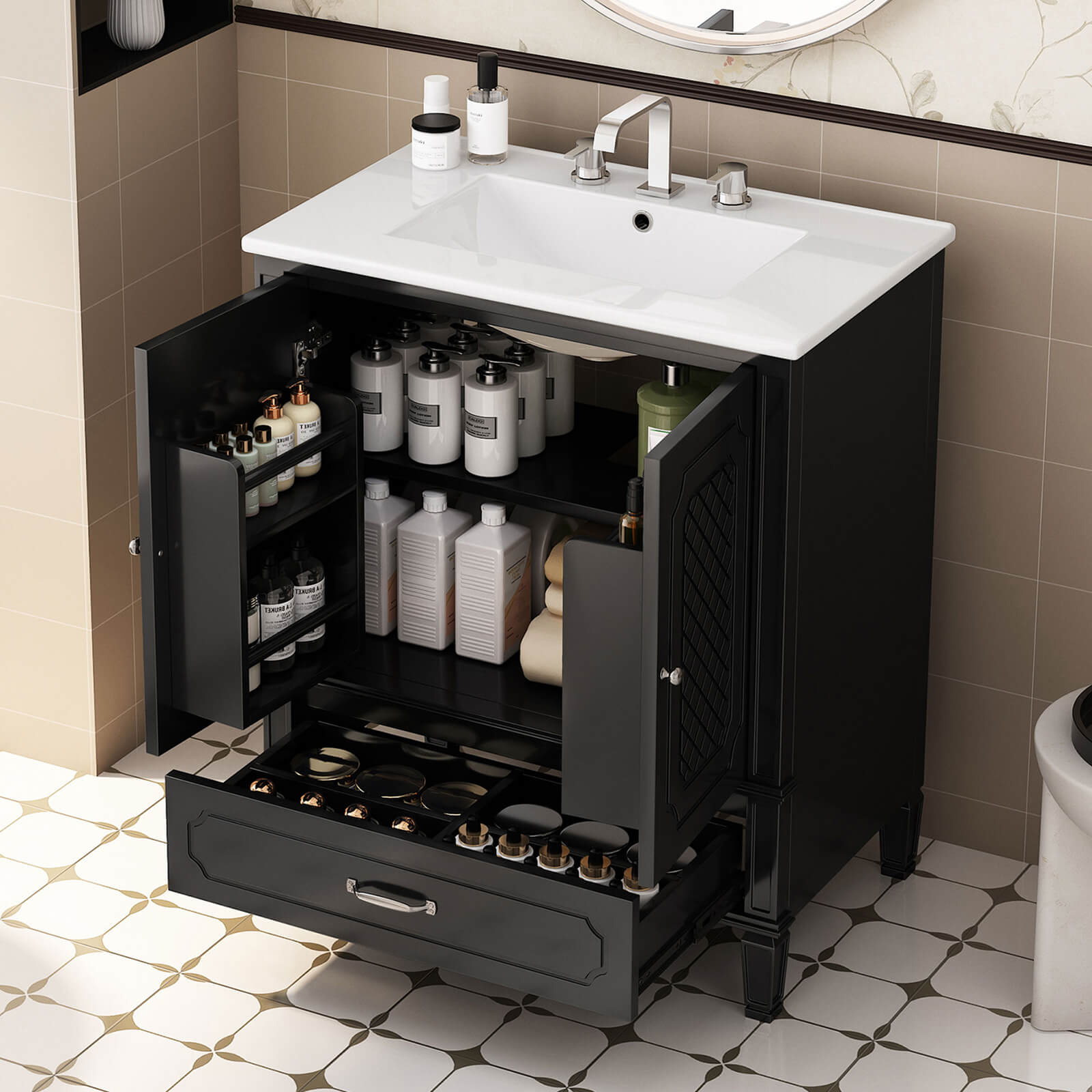 30 inch black vintage bathroom vanity with carved cabinet doors