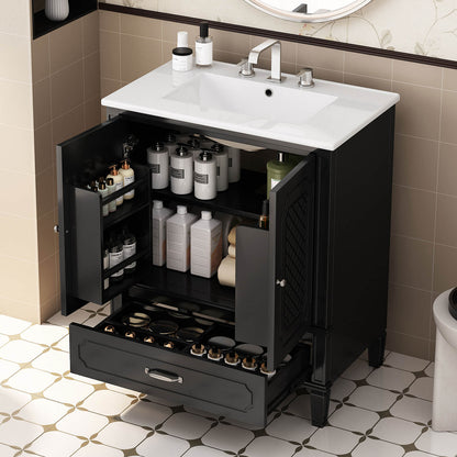 30 inch black vintage bathroom vanity with carved cabinet doors