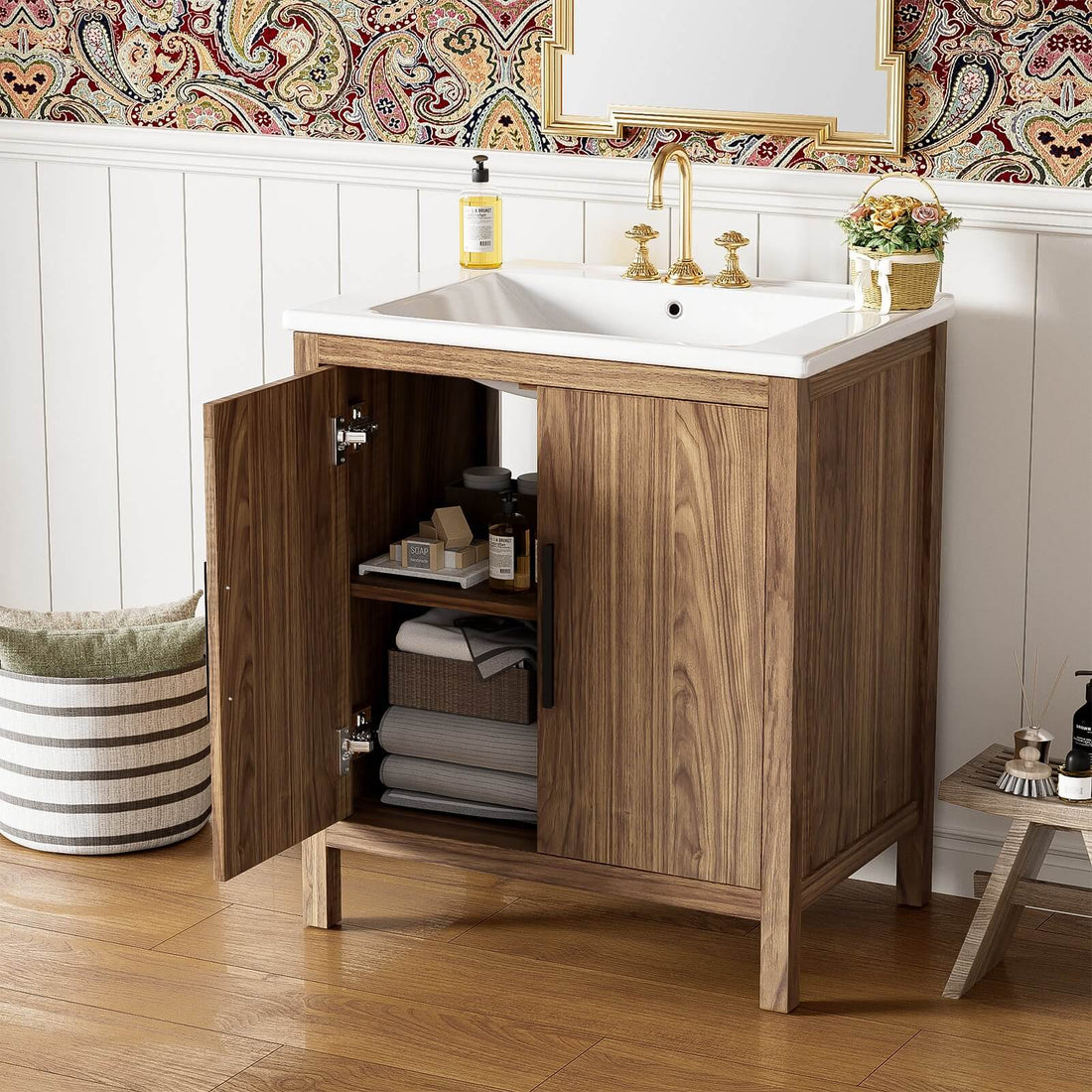 30" Floor Standing Wood Finish Bathroom Vanity