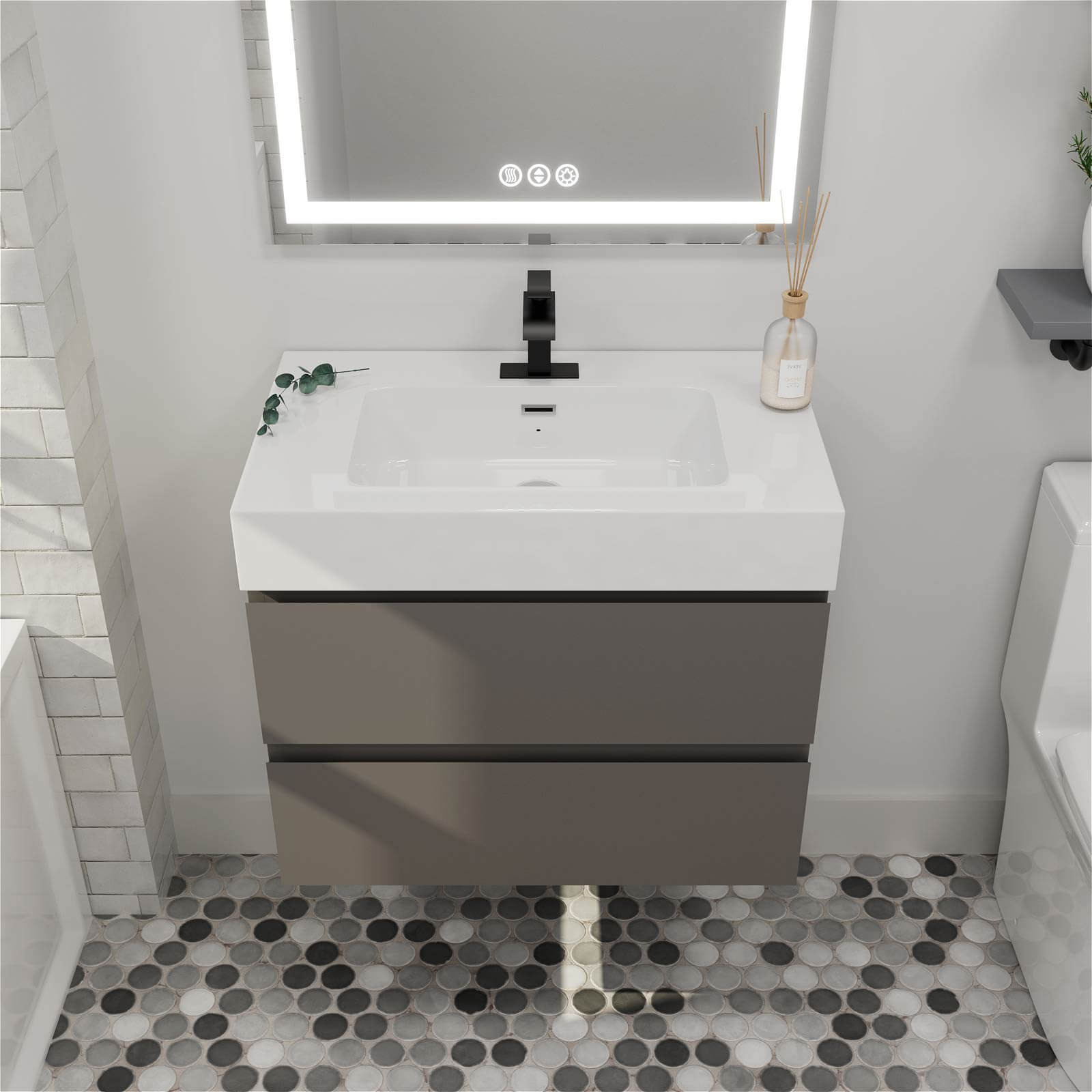 30 inch gray wall mounted bathroom vanity with a modern design