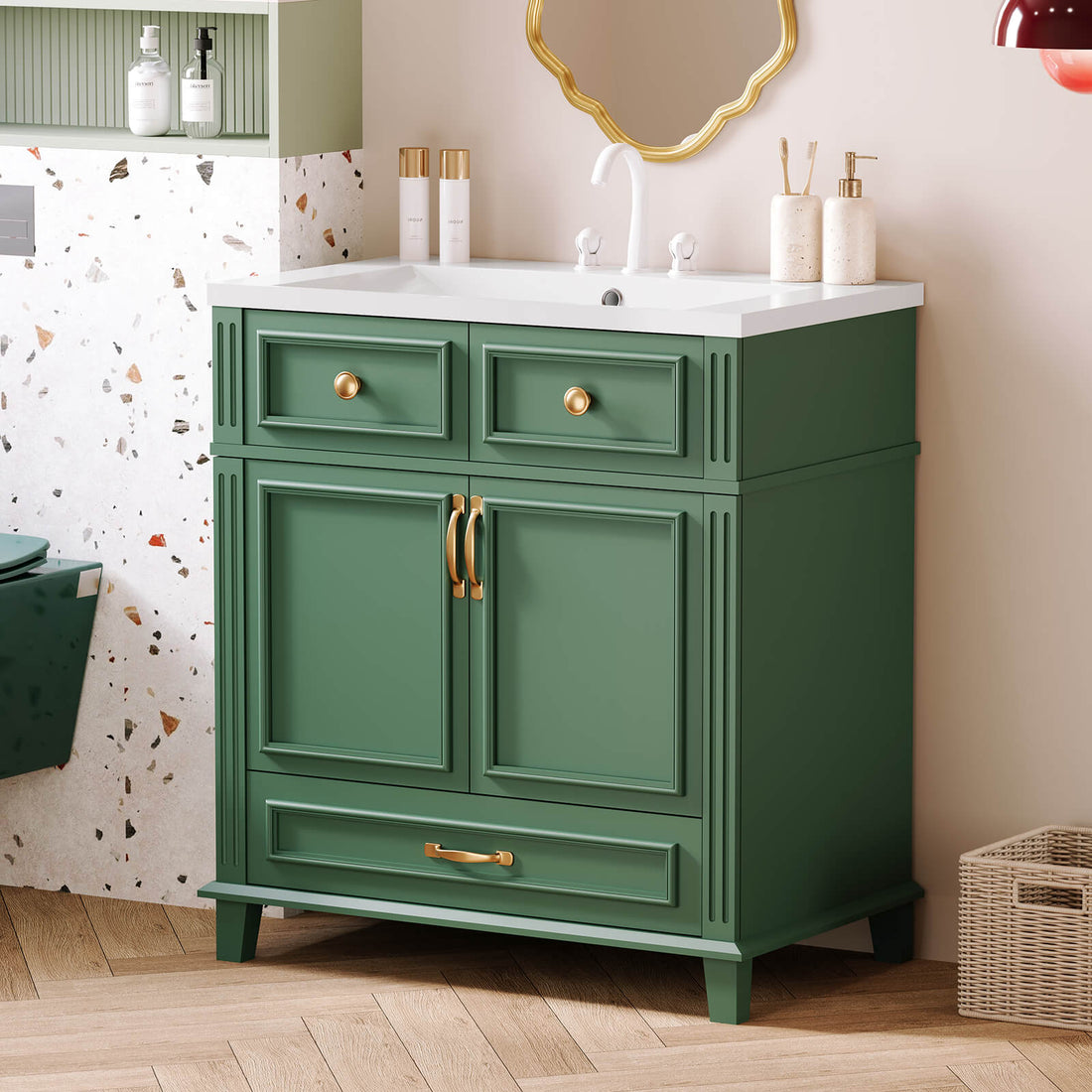 30 inch green bathroom vanity with bottom drawer