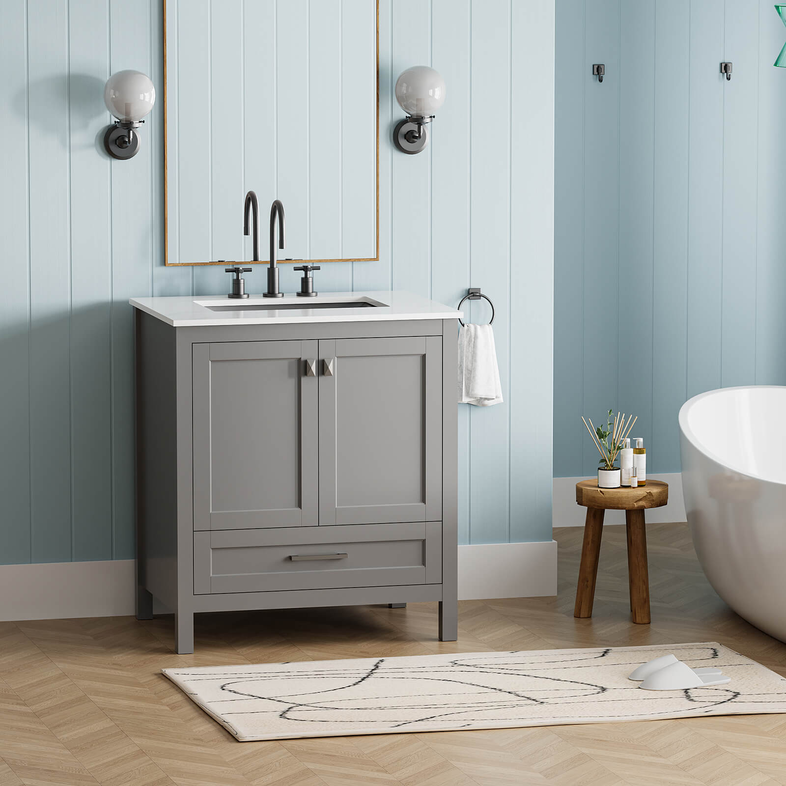 30 inch grey bathroom vanity with Carrara artificial stone countertop