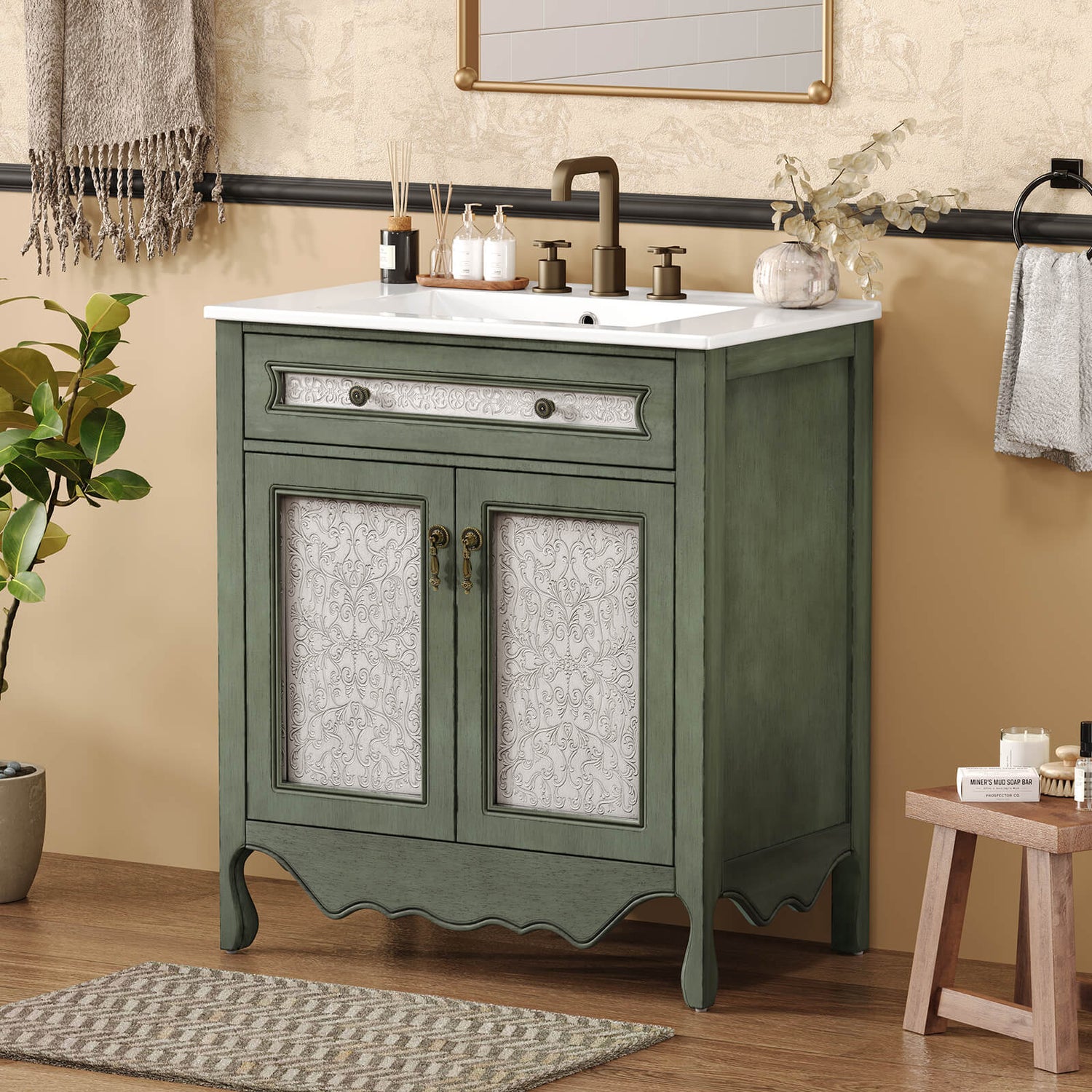 30 inch vintage Victorian bathroom vanity with floral design