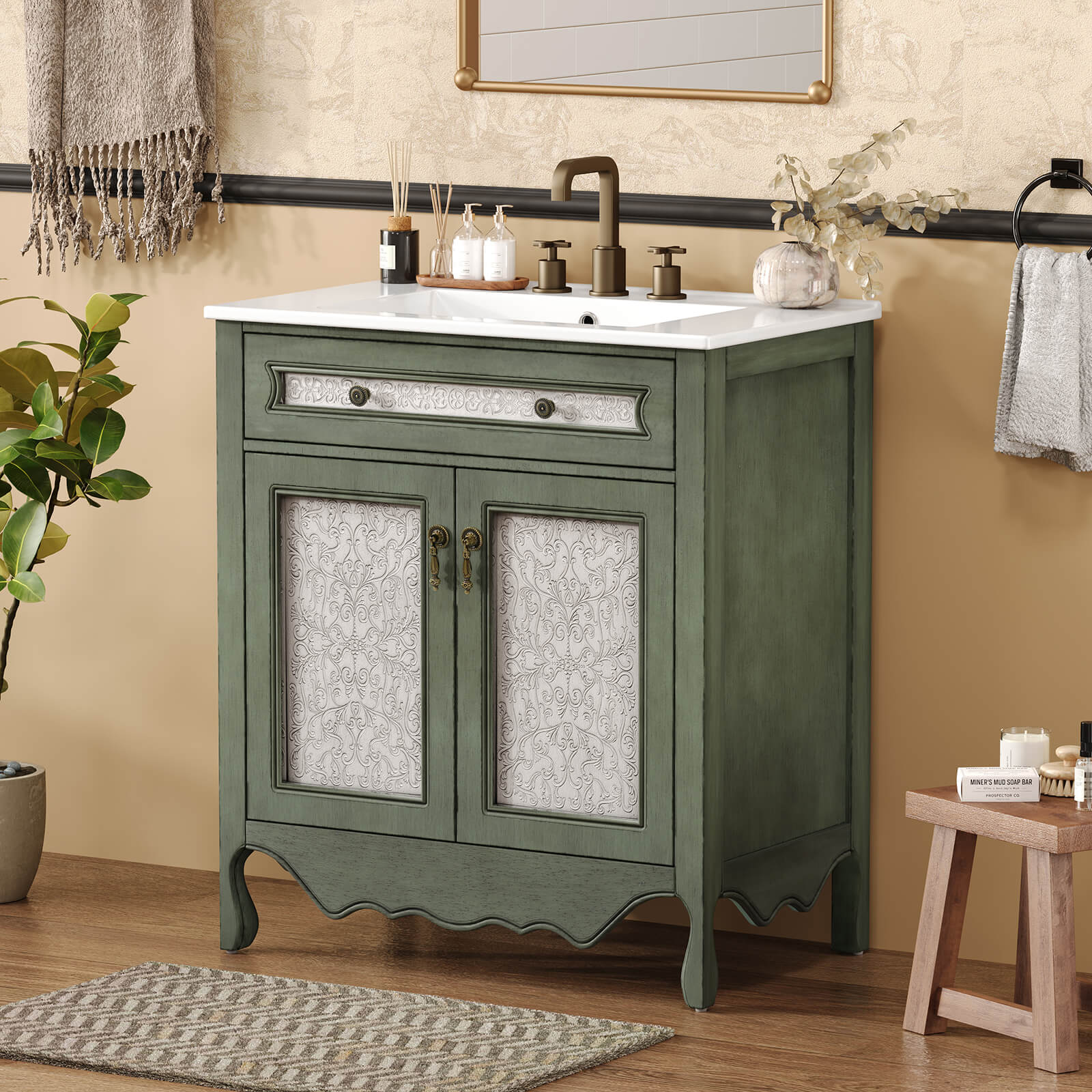 30 inch vintage Victorian bathroom vanity with floral design