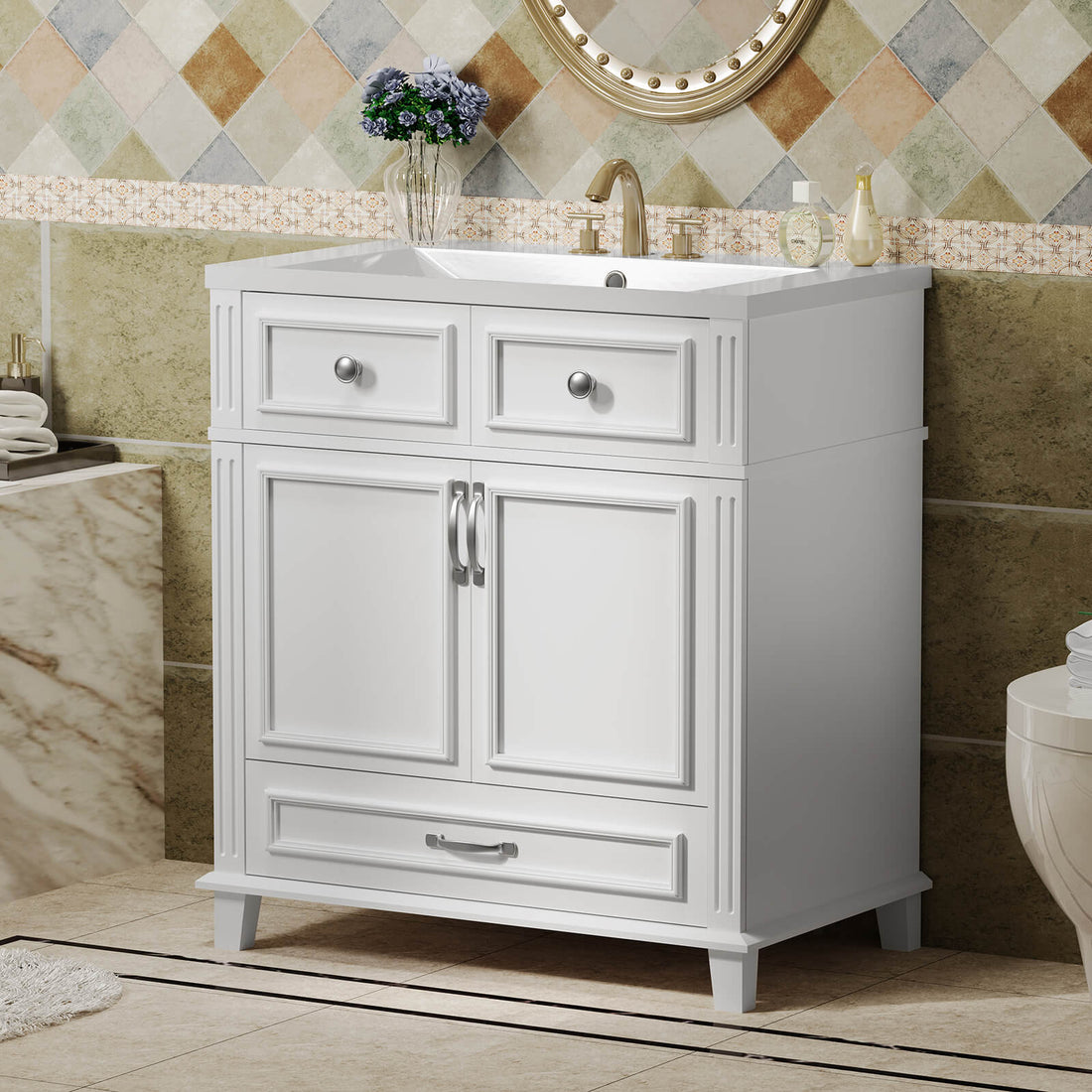 30 inch white bathroom vanity with bottom drawer