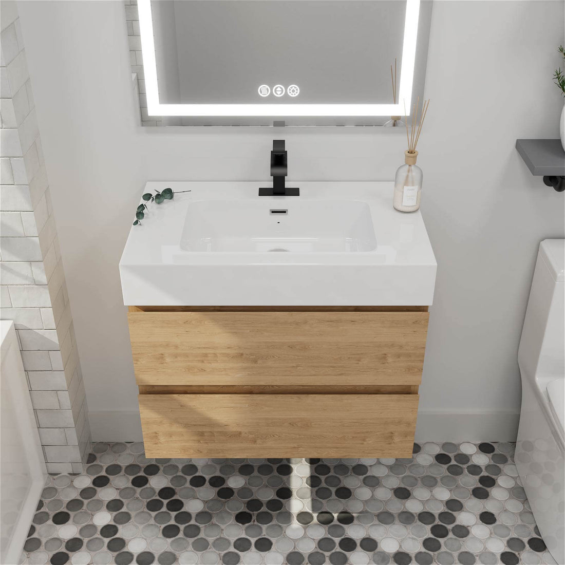 30 inch white oak wall mounted bathroom vanity with a floating design