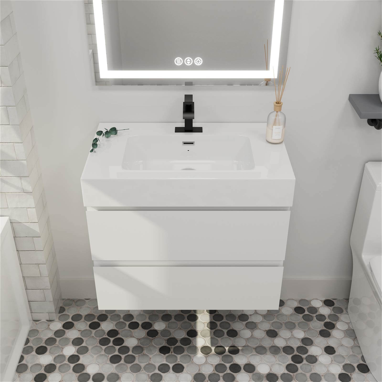 30 inch white wall mounted bathroom vanity with dual drawers for modern minimalist design