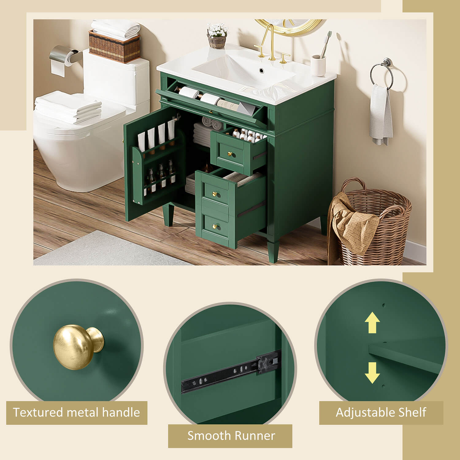 30-inch Deep Green Freestanding Bathroom Vanity with Flip-Out Tray-product details